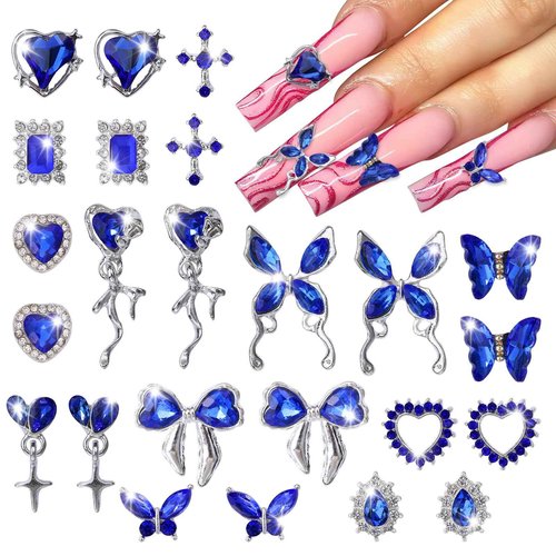 editTime 24pcs Silver Metal Alloy 3D Luxury Nail Rhinestones Kit Punk Y2K Star Moon Heart Love Butterfly Cross Crown Rhomboid Rhomboid Balloon Pendant Flat Back Nail Charms Decoration (blue-24pcs)