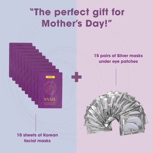 Beauty Bundle 10 Sheet Korean Face Masks and 15 Pairs of Silver Under Eye Patches Perfect for Mom's Skincare Routine, Deep Moisturizing Facemask and Undereye Patches, Luxurious Present for Mothers