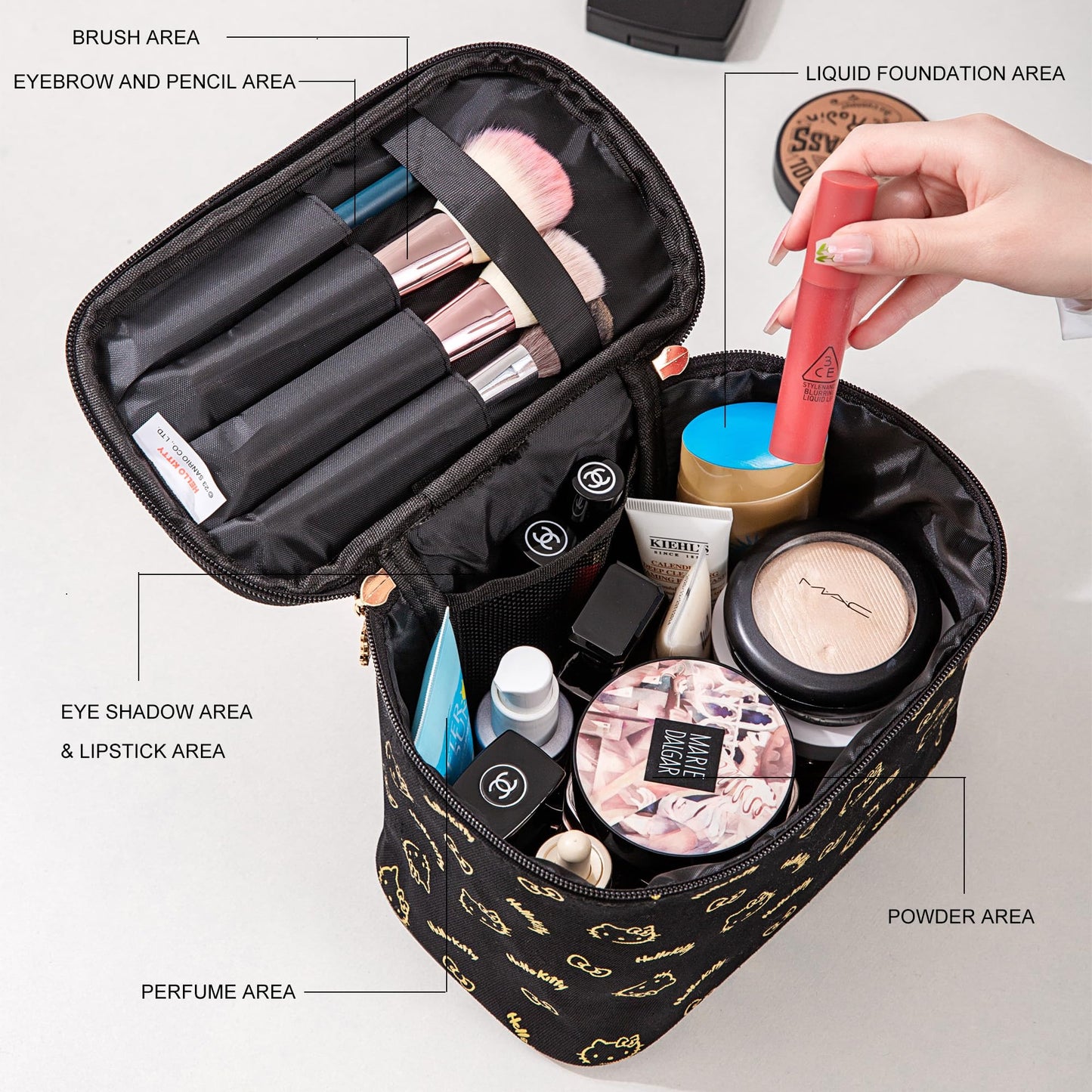 BeautyTimes Large Makeup Bag Travel Cosmetic Bags with Handle Storage Bag Brush Zipper Case Organizer for Women (Black-A)