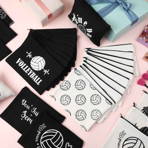 Irenare 30 Pcs Volleyball Cosmetic Bag Gifts for Women Stuff Volleyball Players Teams Travel Pouch Canvas Makeup Bags for Team Gifts(Black, White,Volleyball)