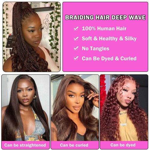 Human Braiding Hair for Boho Braids Deep Water Wave Curly Bulk Human Hair for Braiding Brazilian Virgin Human Hair for Micro Braiding Wet and Wavy Human Braiding Hair 100g 22inch Chocolate Brown