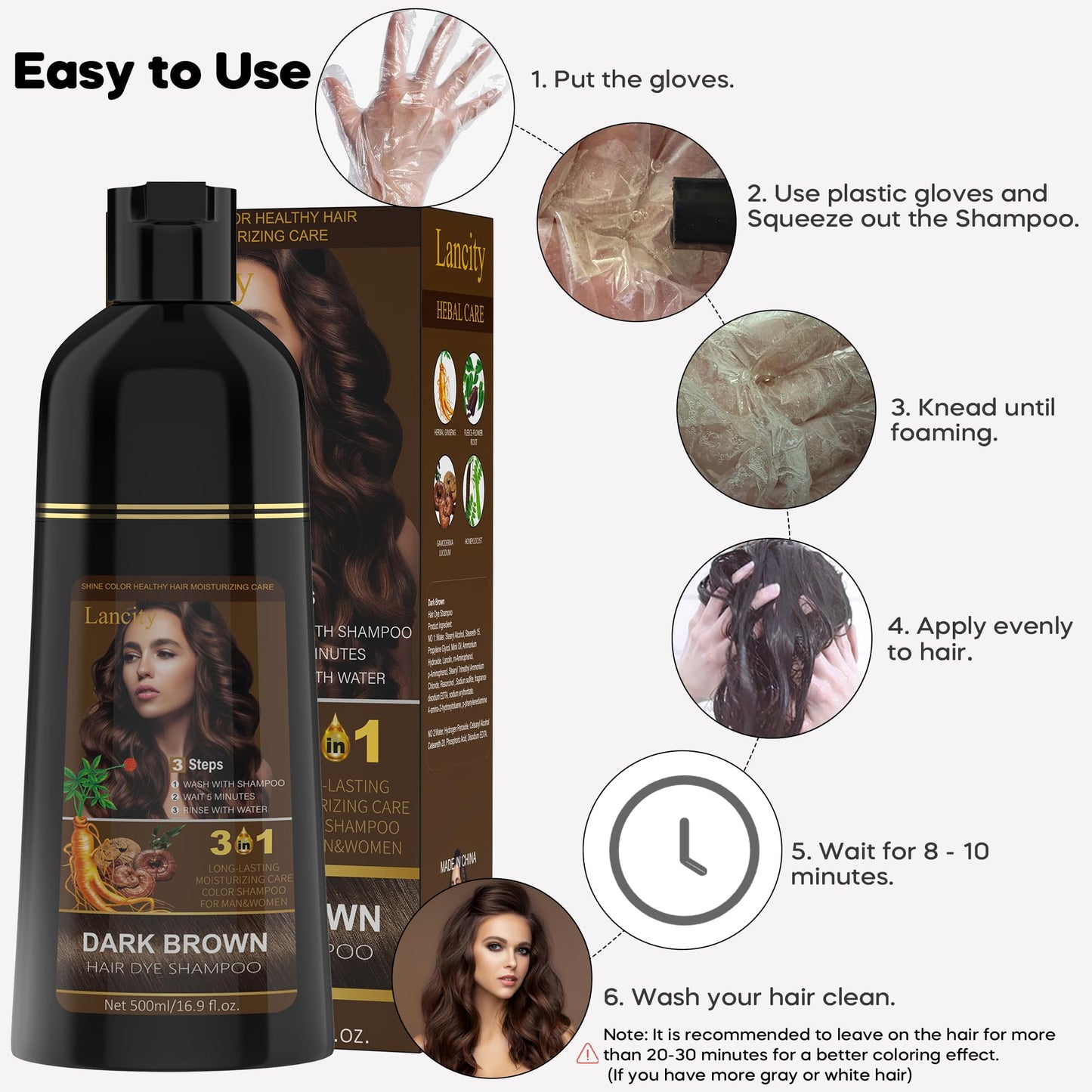 Hair Dye Shampoo 3-In-1 Hair Color Shampoo Instant Coloring Gray Hair Coverage Nature Herbal treated for Men and Women (500mL,17.6 Fl Oz) (Brown)