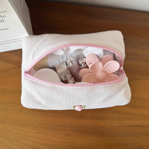 ZUNUONUO Handmade Quilted Cotton Makeup Bag for Women - Cute Cosmetic Pouch, Travel Toiletry & Make Up Organizer, Coquette Aesthetic Skincare Bag, Travel Essentials (Creamy Pink)