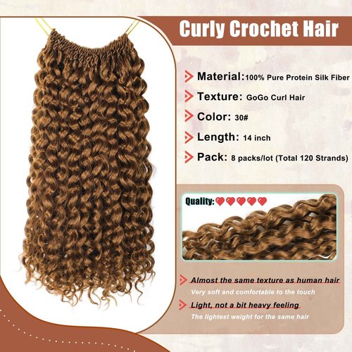 120 Strands Curly Crochet Hair Gogo Curl Pure Protein Fiber Close to Human Hair 14 Inch Pre looped Deep Wave Curly Crochet Hair For Black Women Beach Curl Twist Braiding Hair Extensions (14inch 30#)