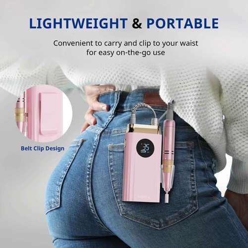 AIRSEE Professional Portable Nail Drill 35000RPM,Rechargeable Cordless Nail Drill for Manicure Salon Home, Eletric NALI E File for Acrylic Nails Gel Polishing Removing, EW4 Pink
