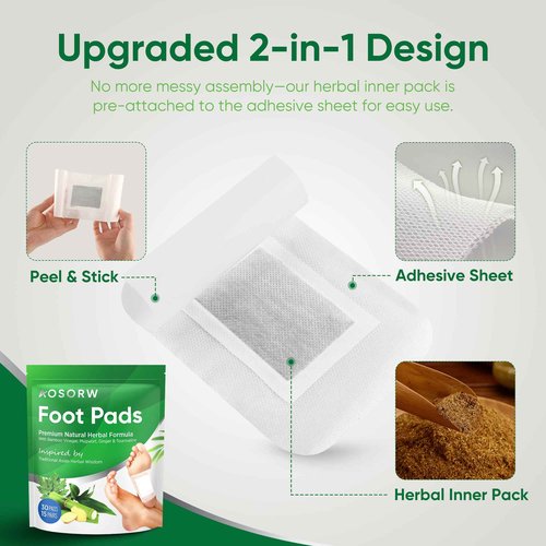 AOSORW Natural Cleansing Foot Pads - Premium Foot Care - Relieves Stress and Fatigue - Improves Sleep and Supports Body Cleansing - 30 Pads