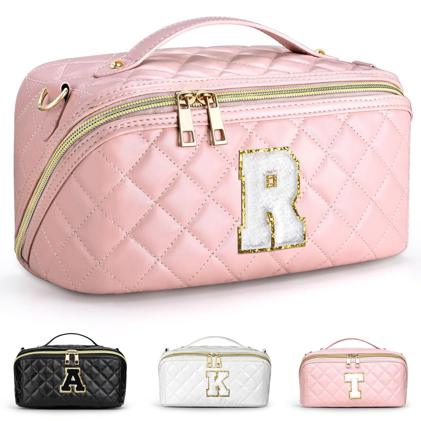 TOPEAST Monogrammed Gifts for Women, Initial Makeup Bag Travel Cosmetic Bag Waterproof Pu Leather Toiletry Bag, Personalized Birthday Wedding Gift for Women Bridesmaids, R