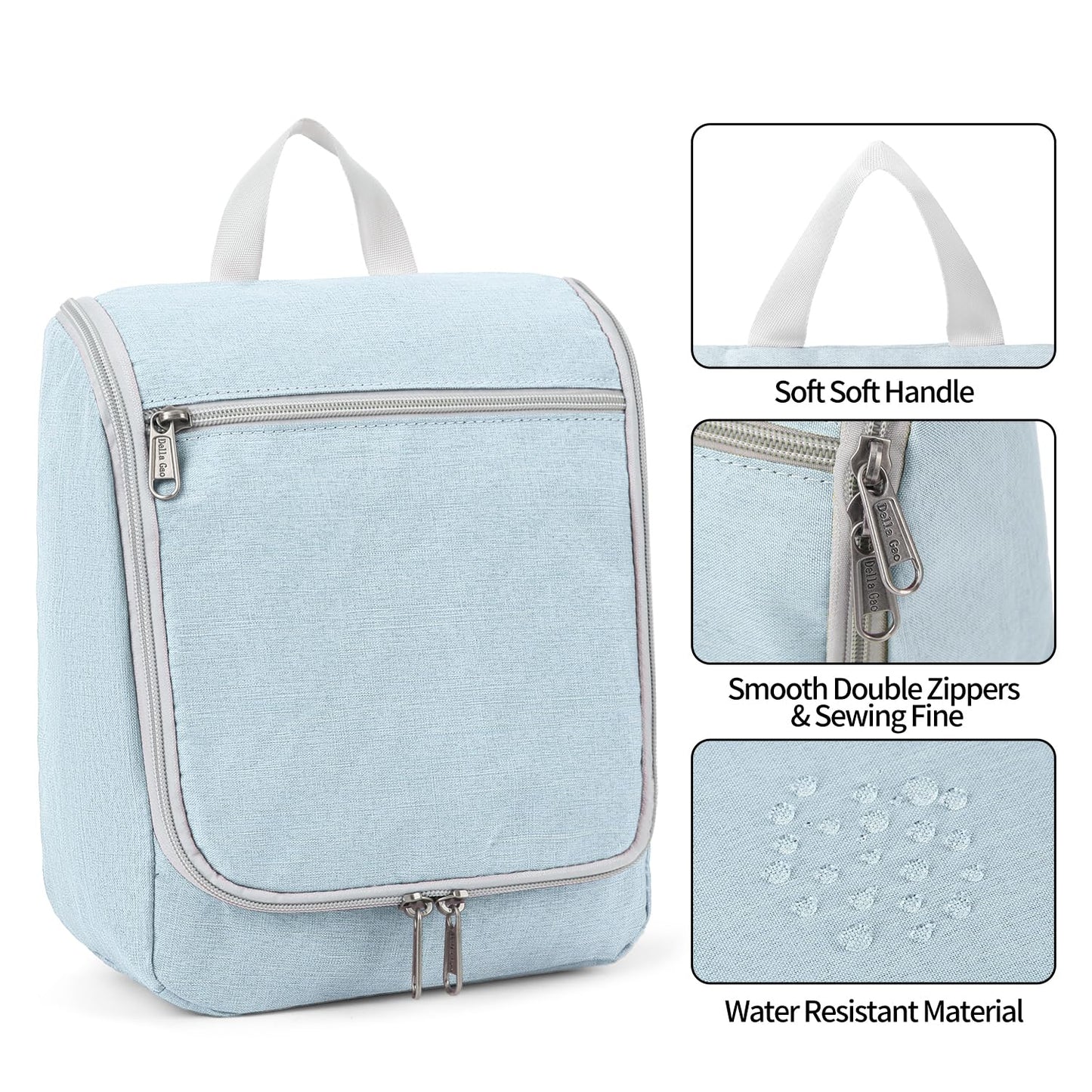 Della Gao Travel Toiletry Bag, Hanging Toiletry Bag for Men and Women, Water-resistant Makeup Bag Cosmetic Toiletries Organizer, Bathroom Bag, Durable Nylon, Light Blue