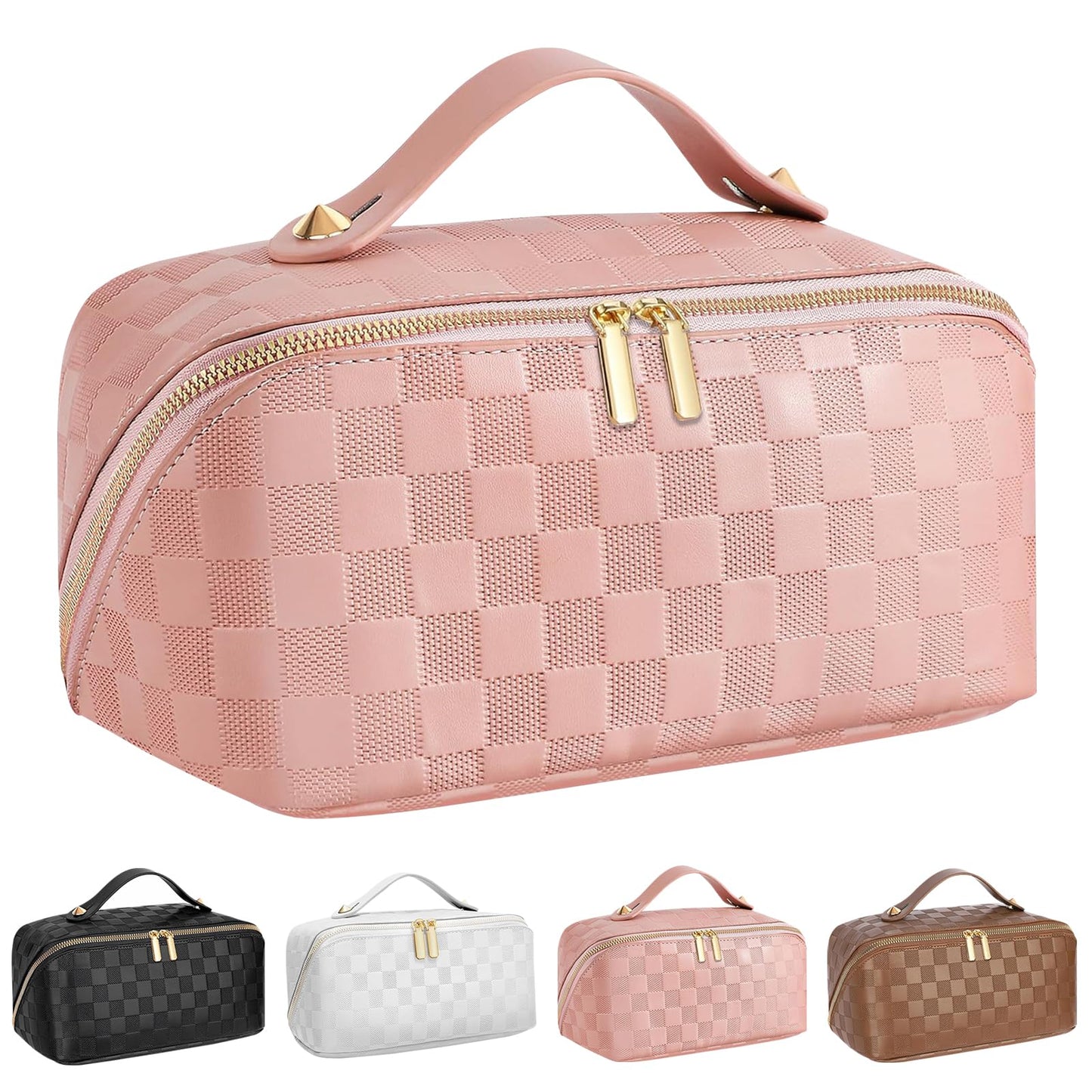 CCidea Checkered Makeup Bag, Large Travel Cosmetic Bags for Women, Portable Waterproof Leather Makeup Pouch, Open Flat Toiletry Bag Make up Organizer with Divider and Handle -Plaid Pink