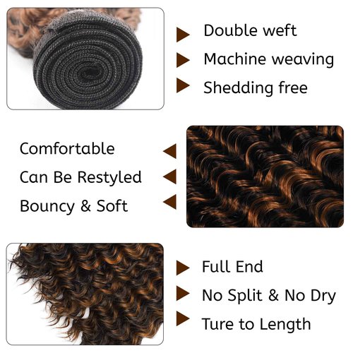 Ombre P1B/30 Highlight Bundles Human Hair Unprocessed Brazilian Virgin Human Hair Single Bundle Black Mixed With Brown 24 Inch Deep Wave Bundle Double Weft Hair Extension for Women 100g Total