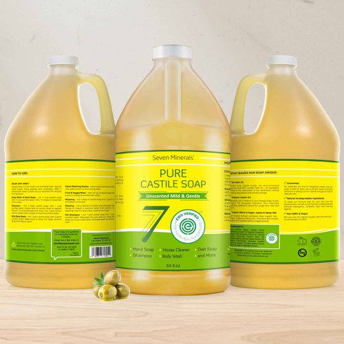 Pure Castile Soap - No Palm Oil, GMO-Free - Gentle Liquid Soap For Sensitive Skin & Baby Wash - All Natural Vegan Formula with Organic Carrier Oils (64 FL Oz, An Unscented)