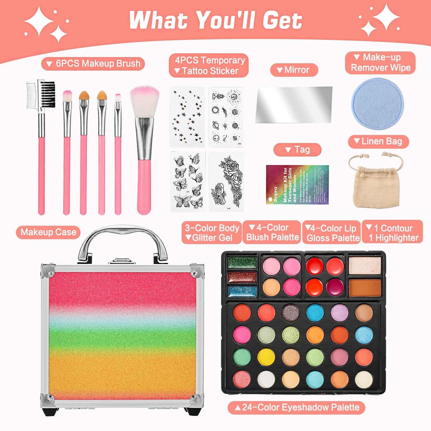 Anpro All-In-One Makeup Carry Case with Pro Teen Makeup Set, Full Starter Cosmetics Kit with Makeup Brushes, Eye Shadows Palette, Blushes, Glitter Gel, Temporary Tattoo Stickers