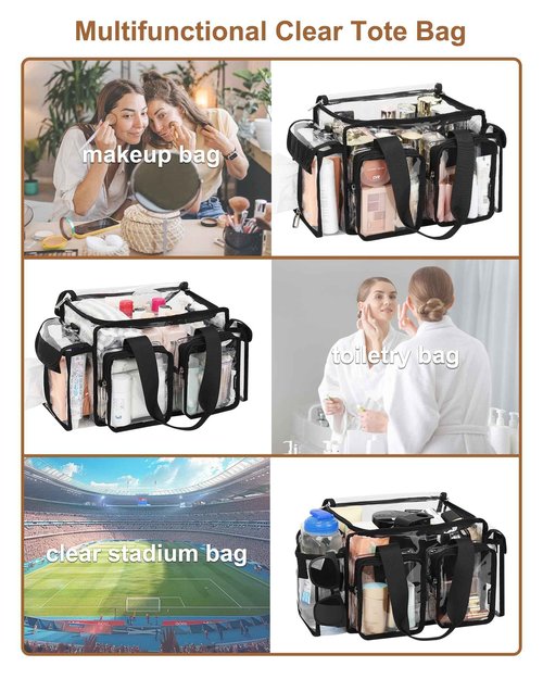 Relavel Clear Makeup Bag Professional Makeup Artist Kit Set Travel Cosmetic Organizer Case Transparent Stadium Approved Tote Bag Toiletry Lunch Duffle Work Shoulder Bag with Adjustable Dividers, Black