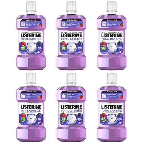 Listerine Total Care Kids Mouthwash, ADA Accepted, Alcohol-Free Anticavity Sodium Fluoride Mouthwash, Oral Rinse for Cavity Protection, Berry Splash Flavor for Kids Oral Care, 16.9 Oz, 6-Pack