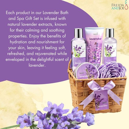 Lavender Bath and Body 6 Piece Gift Set in A Wicker Basket Calm & Relaxing Lavender Spa Gift Set for Women – Perfect Self-Care Gift for Holidays, Birthdays & Special Occasions