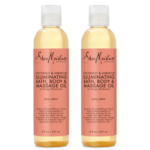 SheaMoisture Bath, Body & Massage Oil, Coconut & Hibiscus, 2-Pack – Illuminating Moisturizer for Dry Skin, 8 Oz Ea