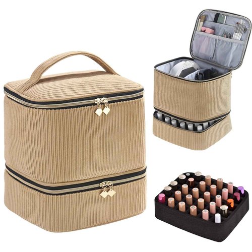 Corduroy Nail Polish Organizer and Nail Lamp Case, Nail Kit Organizer Holds 30 Bottles (15ml - 0.5 fl.oz) and a Nail Lamp, Nail Polish Carrying Case with Manicure Tools Storage Sections (Brown)