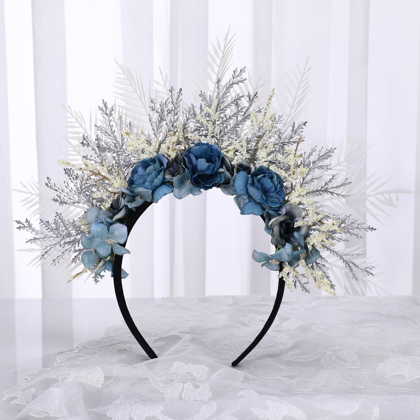 COSUCOS Fairy Flower Crown Headband Hawaii Wedding Headpiece Goddess Headwear Bridal Shower Party Festival Renaissance Costume Blue Floral Crowns