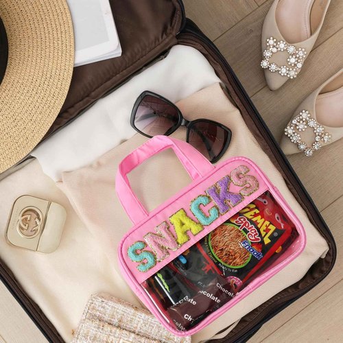 Sweet Lion Chenille Letter Clear Large Makeup Bag, Preppy Cosmetic Bag with Zipper, Stuff Bag Waterproof Travel Toiletry Bag Cosmetic Pouch for Women Girls (Pink-SNACKS)
