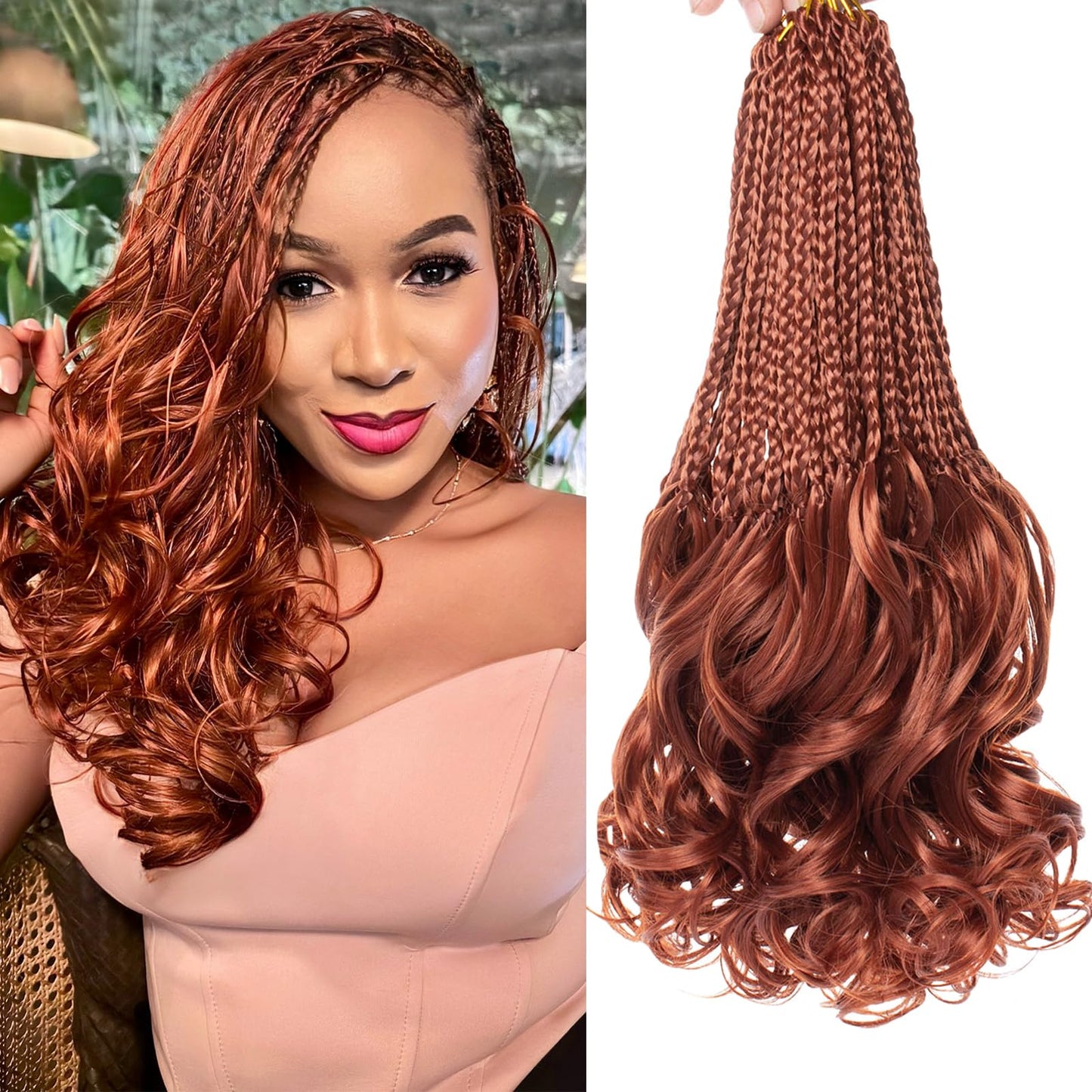 COOKOO 14 Inch 9 Pack Copper Red Pre Looped French Curly Box Braids Crochet Hair Ginger French Curl Braiding Hair Bouncy Loose Wave Crochet Box Braids for Black Women 350#