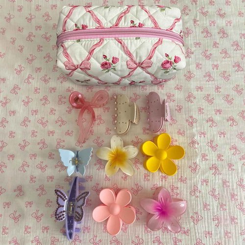 Trnerm Small Makeup Bag Quilted Cosmetic Bag Coquette Makeup Pouch Makeup Organizer Pink Ribbons Small Travel Makeup Bag Travel Toiletry Bag for Women Girls