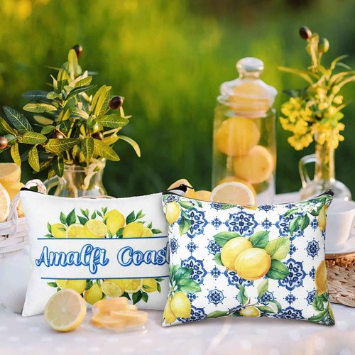 Sunnymove 9 Pcs Amalfi Coast Cosmetic Bag Italy Lemons Canvas Makeup Bags Romantic Lemon Themed Travel Pouch Souvenir Gift for Women Girls Bachelorette Friend Birthday