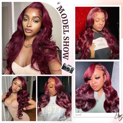 DSEKCAIN 2x6 HD Lace Closure Human Hair Body Wave 99J Burgundy Dark Red Wine Color Transparent Lace Closure 2x6 Long Deep Middle Part 100% Raw Virgin Human Hair 12 Inch 150% Density