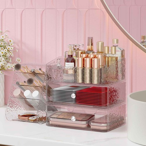 Awelov 3 Tier Makeup Organizer for Vanity with Brush Holder Countertop Organizer with 2 Drawers Clear Makeup Storage for Brushes, Lipsticks, Face Mask Skin Care Storage Solution for Women & Teens