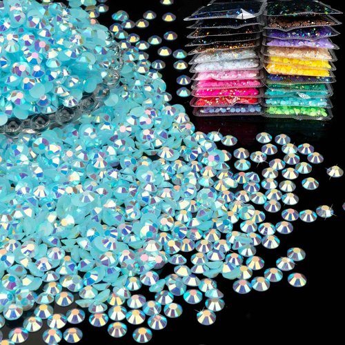 MUZOXEN 1200Pcs 6mm Resin Flatback Rhinestone Bulk, Bling AB Lake Blue Flat Back Round Jelly Rhinestones Non Hotfix Crystal Gems for DIY Manicure Nails Clothes Tumblers Crafts Decoration