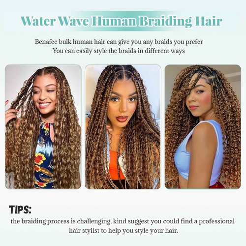 Human Braiding Hair for Boho Braids Deep Water Wave Bulk Human Hair for Braiding Curly Wet and Wavy 4/27 Brown with Honey Blonde Highlight Twist Hair Braiding 14 Inch No Weft 2 Bundles 100G