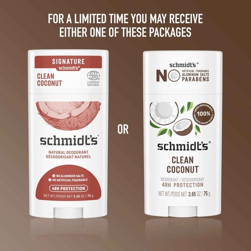 Schmidt's Aluminum-Free Vegan Deodorant Clean Coconut for Women and Men, with 24 Hour Odor Protection, Natural Ingredients, Cruelty-Free, 2.65 oz (Pack of 2)