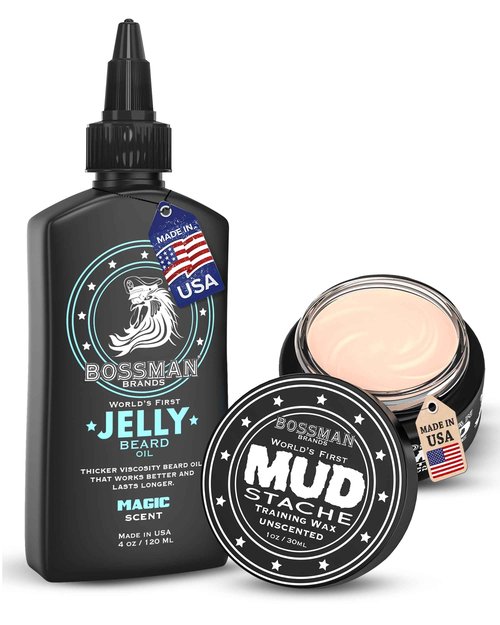 Bossman Jelly Beard Oil 4 oz + Mustache Wax for Men 1 oz Bundle | Natural, Organic, and Easy-to-Apply Styling Products – Made in the USA