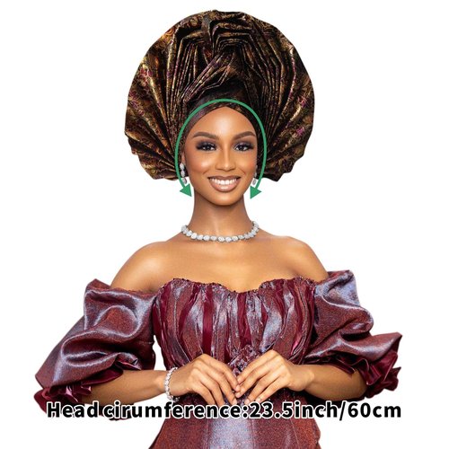 Shalitong Nigerian Women's hat Folding Fan African Headscarf hat,African Headpiece Auto Gel Headwear,Suitable for Weddings Parties (Wine Red)