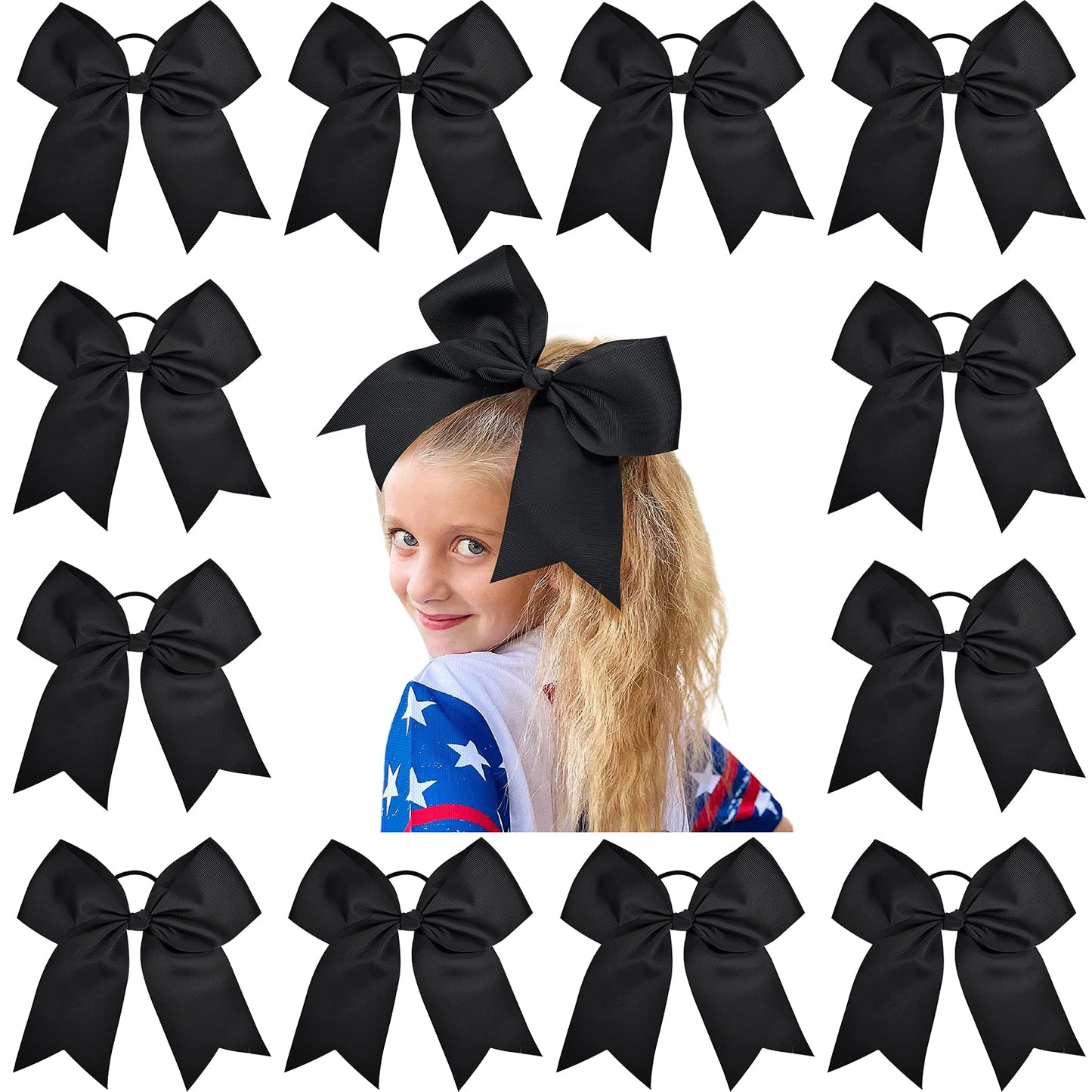 12 Pcs Large Cheer Bows 8" Bulk Hair Bow Accessories with Ponytail Holder for Girls High School College Cheerleading