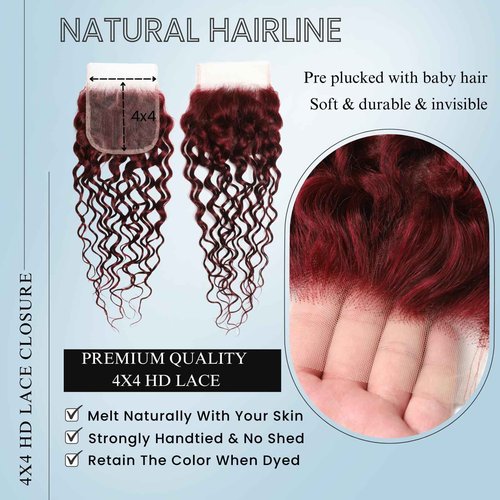 ALHER 4x4 HD Lace Closure Brazilian Human Hair 99j Dark Burgundy Water Wave, 12A Cherry Red Wine Red Color 4x4 Lace Closure 100% Unprocessed Remy Hair Wet n Wavy Free Part & Bleached Knots 12 Inch