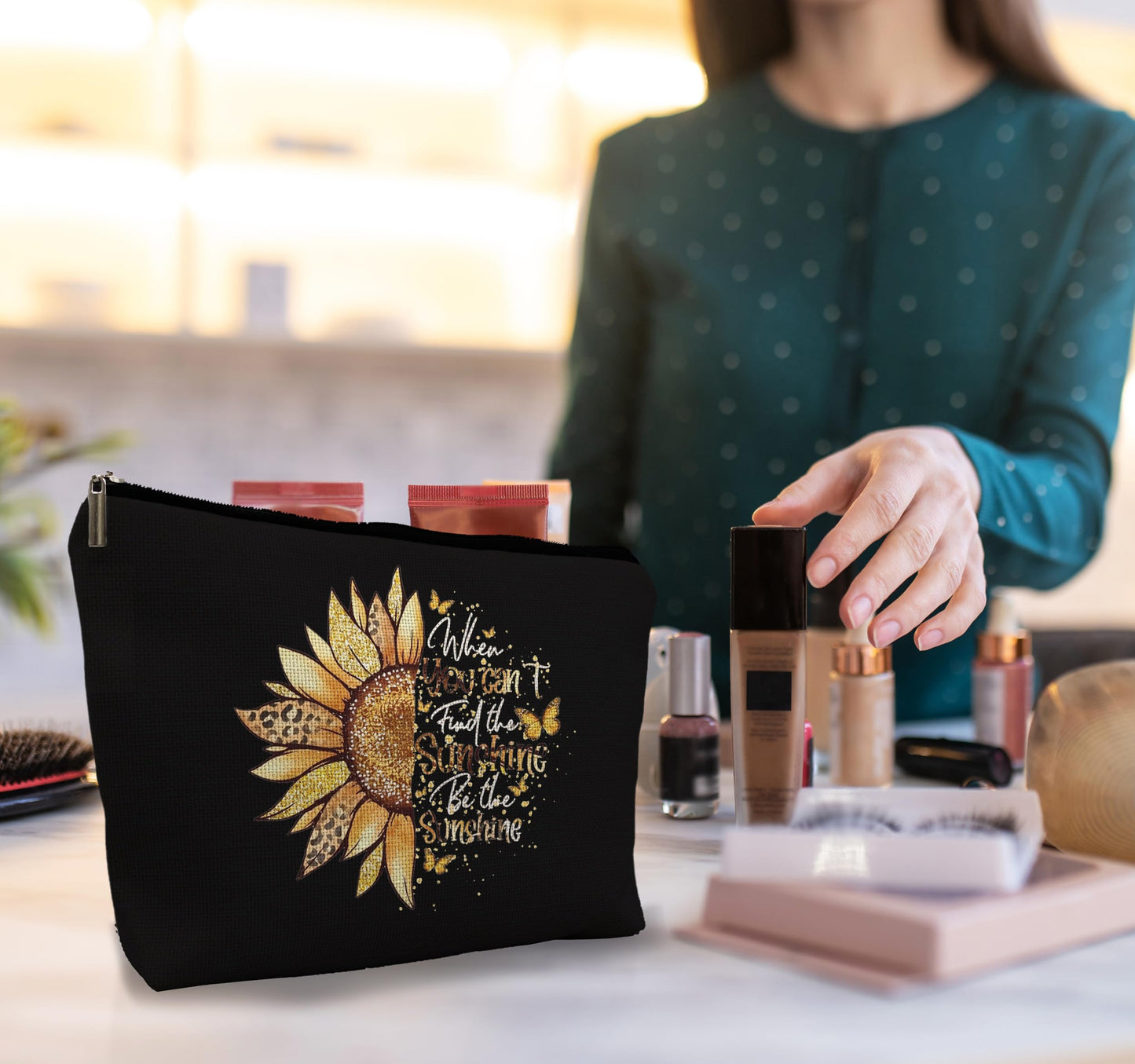 uinwk Positive Affirmations Makeup Bag,Sunflower Black Makeup Bag Cosmetic Bag,Sunflower Gifts For Women,Sunshine Makeup Bag,Inspirational Gift For Women Sister Daughter Best Friend