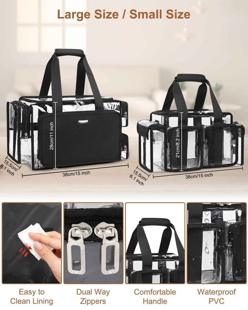 Relavel Clear Makeup Bag Professional Makeup Artist Kit Set Travel Cosmetic Organizer Case Transparent Stadium Approved Tote Bag Toiletry Lunch Duffle Work Shoulder Bag with Adjustable Dividers, Black