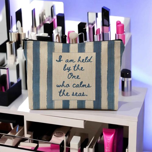 Yomisex Inspirational Christian Makeup Bag for Women, Bible Verse Ocean Beach Cosmetic Bags Toiletry Bag, Blue and Beige Striped Religious Makeup Pouch
