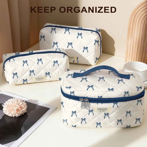 TOPEAST Christmas Gifts for Women Girls - 3Pcs Travel Makeup Bag Large Cute Quilted Make Up Bag for Purse, Portable Big Cosmetic Brush Pouch, Blue Bow