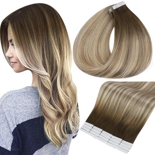 Full Shine Human Hair Tape Extensions 12 Inch Darker Brown to Ash Brown Highlight Medium Blonde Tape ins for Women Pu Tape in Hair 30g 20 Pcs,3/8/22 Seamless Tape in Hair Extensions Remy Human Hair