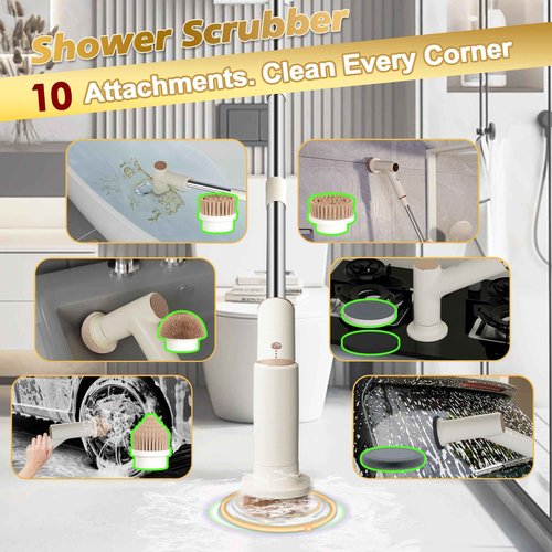 Electric Spin Scrubber, 2600mAh Battery with Extra-Long Runtime, 10 Brush Heads, IPX7 Waterproof Power Shower Scrubber with Long Handle, 2 Speeds Cordless Cleaning Brush for Bathroom Bathtub