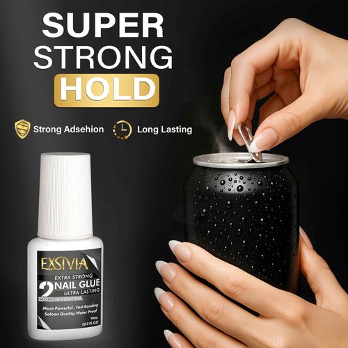 Super Strong Nail Glue for Press On Nails, Acrylic Nails & Nail Tips (10ml) Exsivia 2nd Gen NailBond for Fake Nails, Extra Strength,Long Lasting, Brush on Adhesive, No Dehydrator or Primer Needed