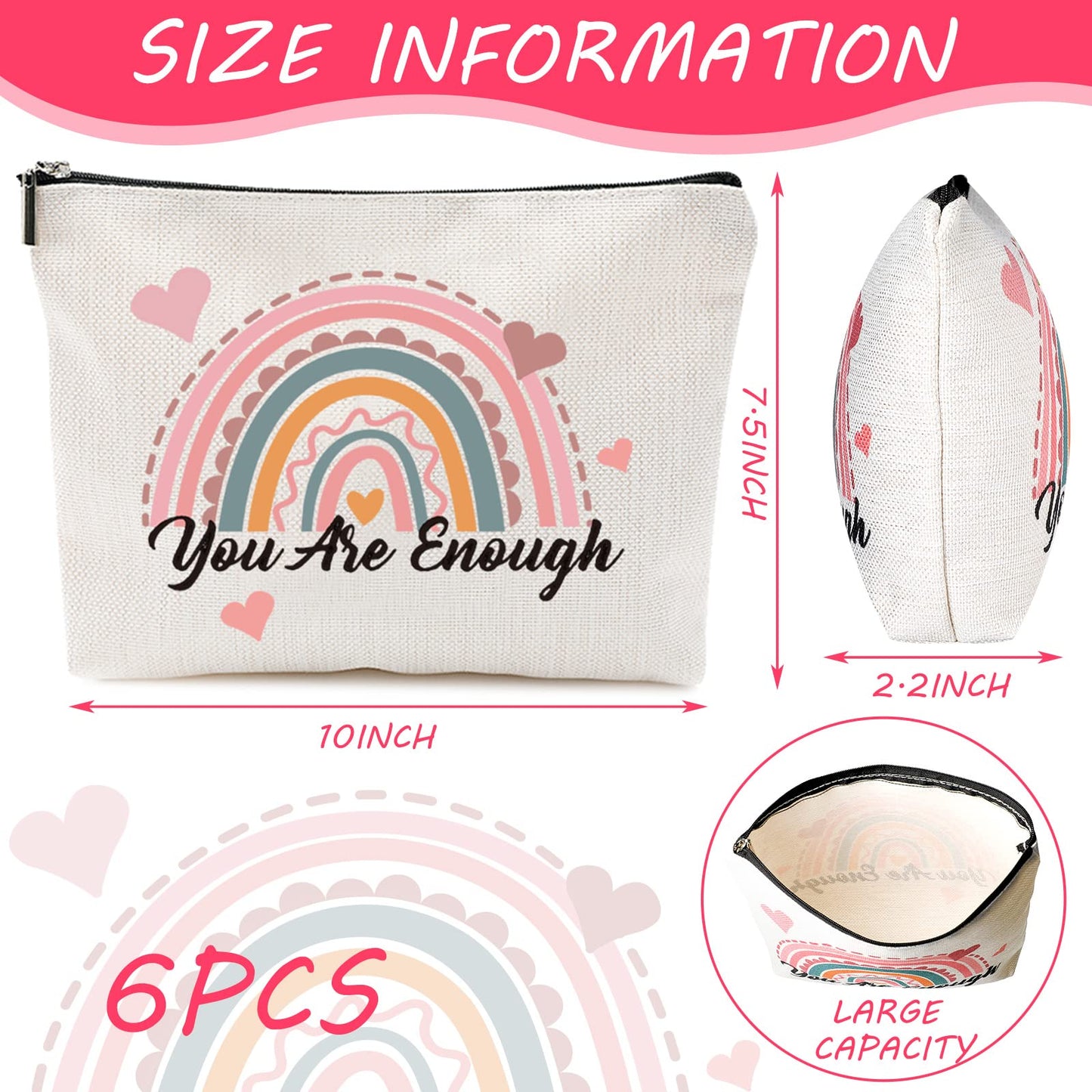 Chengu 6 Pcs Big Canvas Rainbow Heart Cosmetic Bags, 10 x 7.5 inch Inspirational Gifts for Women Motivational Quotes Makeup Bag for Women Girls Birthday Friend Teacher Graduation Gift (Sweet)