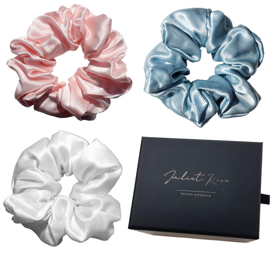 JULIET ROSE | Luxury Mulberry Silk Scrunchies | Premium Hand Crafted | Large - Extra Large | Pack of 3 | 100% Pure 22-Momme 6A Hair Ties | No Crease | No Damage | Hair Sleep (Pink - Sky Blue - Cream)