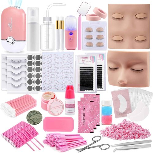 Pretty memory Eyelash Extension Kit for Beginners, 343 Pcs Lash Extension Kit with Everything Includes 2 Mannequin Heads Facial Mister Tweezers Glue USB Fan for Practice Training