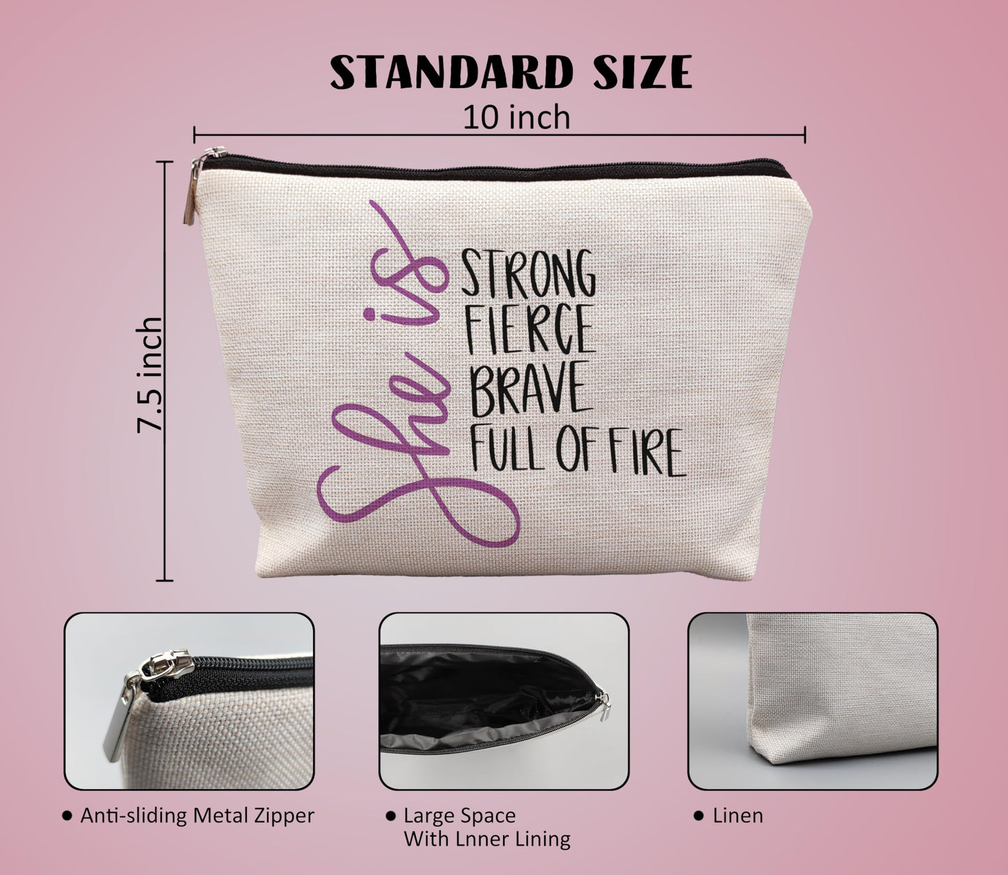 uinwk Inspirational Makeup Bag,Women Empowerment Gift,Woman Power Gifts,She Is Strong Fierce Brave Full Of Fire Cosmetic Bag,Gifts For Mom Grandma Friends Girls