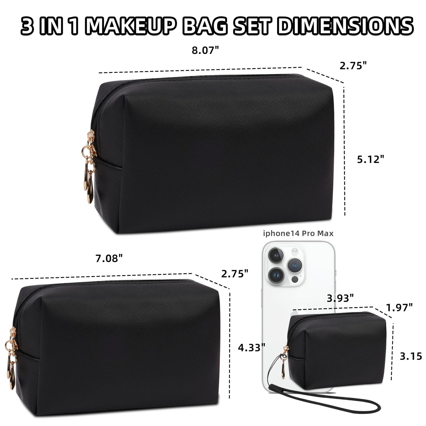 Likesing Small Makeup Bag Set, 3 Piece Preppy Nylon Travel Cosmetic Bags for Women, Mini Storage Pouch for Cosmetics Make Up Toiletry, Birthday Gift for Teen Girl (Black, 3.5''-7.6'')