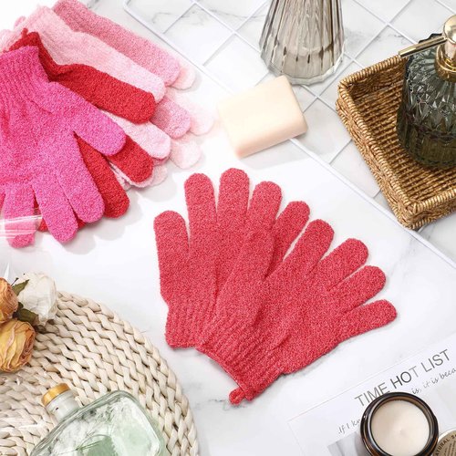 Cuffbow 90 Pcs 45 Pairs Exfoliating Double Sided Bath Gloves with Hanging Loop Colorful Body Shower Gloves for Men Women Beauty Spa Massage Shower Clean Skin Bathing Scrubber Accessories(Pink)