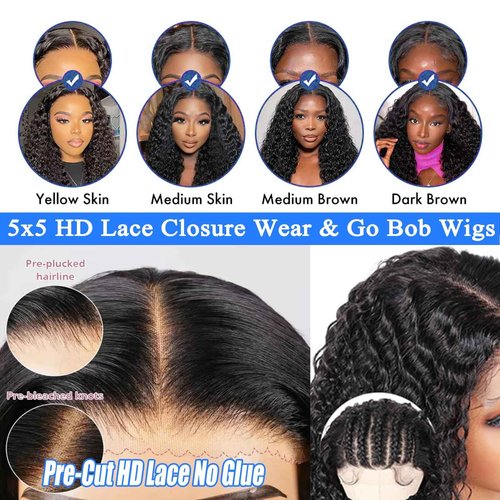 Kerberey Glueless Wigs Human Hair Pre Plucked Pre Cut Wear and Go Bob Wig Human Hair Deep Wave Wigs 5x5 HD Lace Closure Curly Wigs for Black Women Lace Front Glueless Wigs Human Hair 8Inch