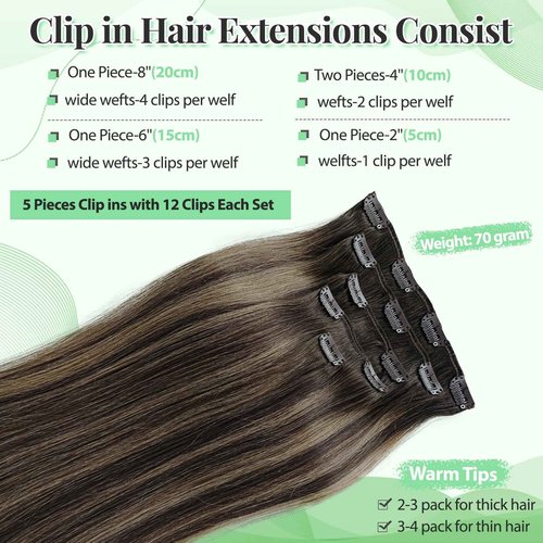 Clip in Hair Extensions Human Hair, 70g 5 Pieces Hair Extension Clips Balayage Dark Brown Fading to Ash Brown Mixed Dark Brown Hair Extensions Real Human Hair Clip ins for Women 20 Inch